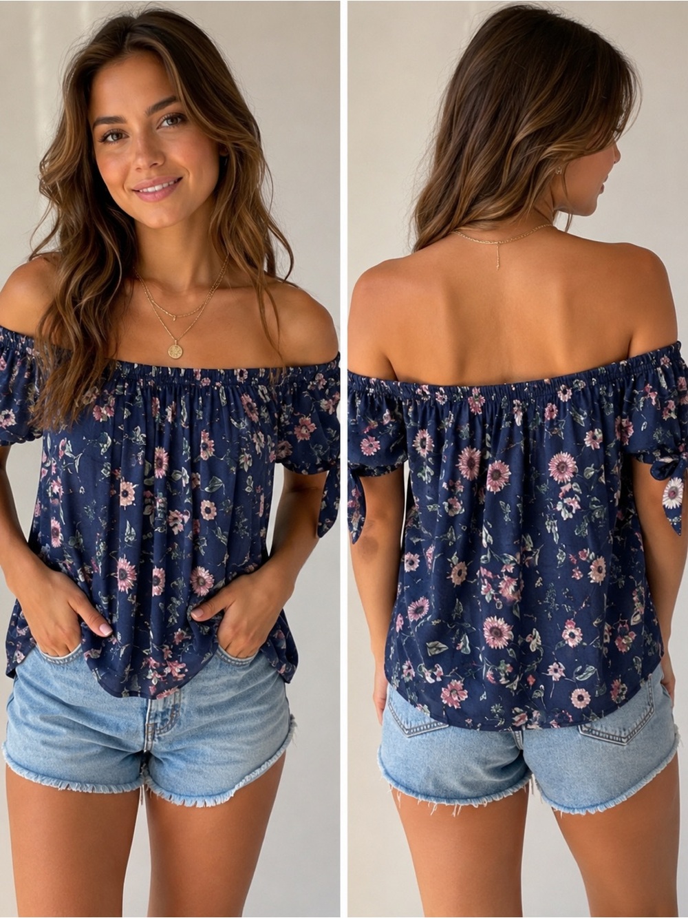 American Eagle‎ Outfitters Navy Floral Off-Shoulder Blouse